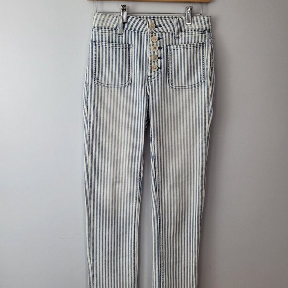 EUC Pilcro and the Letterpress Railroad White Blue Stripe Straight Jeans Size 25 - Picture 2 of 11